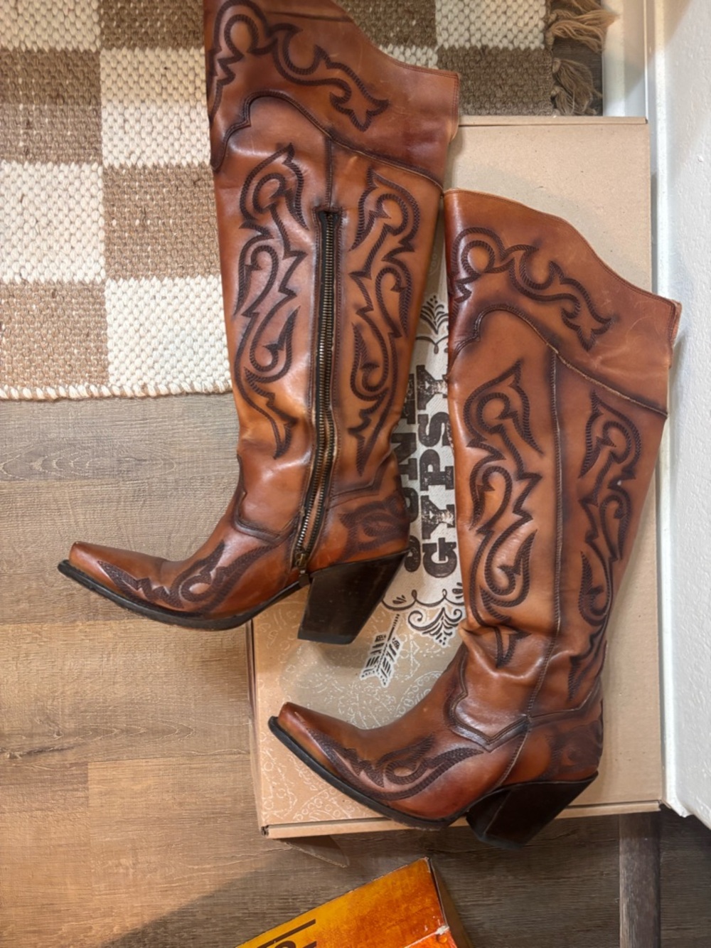 Dan Post Brown Leather Embroidered Heeled Knee-high Boots